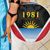 Round beach blanket with tassel fringe, red/white 1981 sun emblem poolside