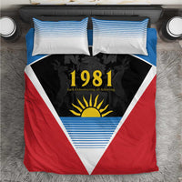 Red, blue and white bedding set with 1981 flag triangle graphic and two pillowcases
