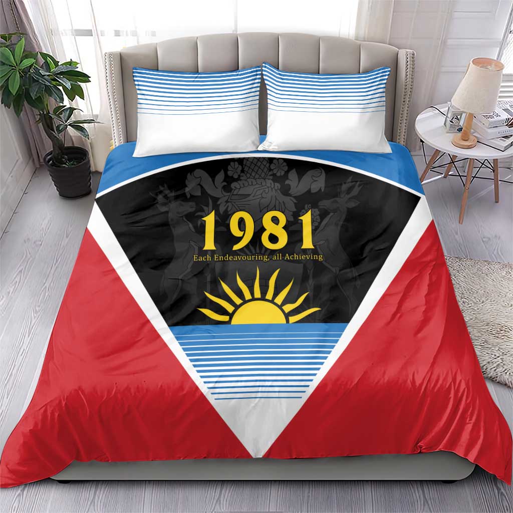 Red, blue and white duvet cover bedding set with 1981 flag triangle design and pillows
