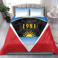 Red, blue and white duvet cover bedding set with 1981 flag triangle design and pillows