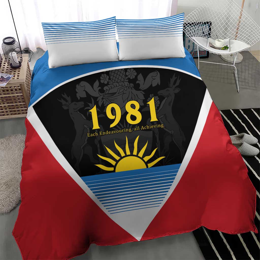 Red, blue and white bedding set with 1981 flag triangle graphic on duvet and two pillows