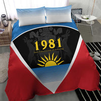 Red, blue and white bedding set with 1981 flag triangle graphic on duvet and two pillows