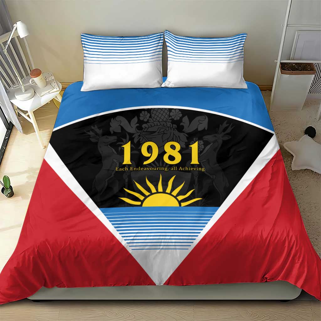 Red, blue and white duvet cover bedding set with 1981 flag triangle design and pillowcases
