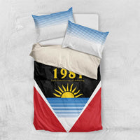 Red, blue and white bedding set with 1981 flag triangle design and two folded pillowcases
