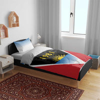 Red, blue and white bedding set with 1981 flag triangle graphic on duvet and pillowcases