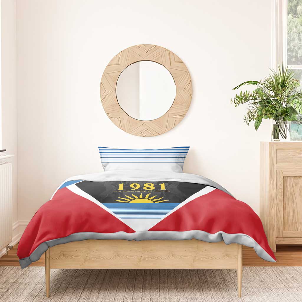 Red, blue and white bedding set with 1981 flag triangle design on duvet and two pillowcases