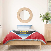 Red, blue and white bedding set with 1981 flag triangle design on duvet and two pillowcases