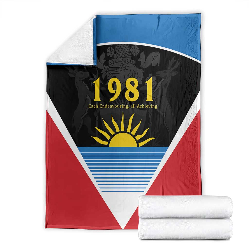 Folded flag blanket with 1981 sun emblem, blue top band, red base, white triangle