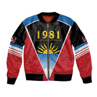 Red black bomber jacket with 1981 graphic, sun emblem, white-blue striped triangle