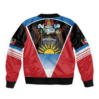 Red black bomber jacket with back crest, sun rays and white-blue striped triangle