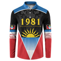 Red, black and blue button sweatshirt with 1981 graphic and flag sleeve stripes