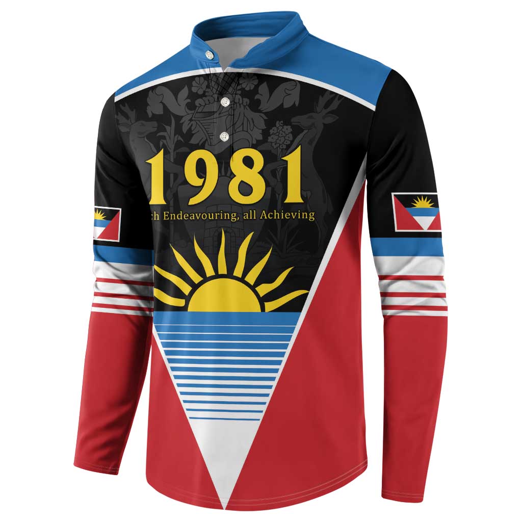 Black and red button sweatshirt with gold 1981 print and Antigua flag sleeve stripes
