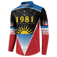 Black and red button sweatshirt with gold 1981 print and Antigua flag sleeve stripes
