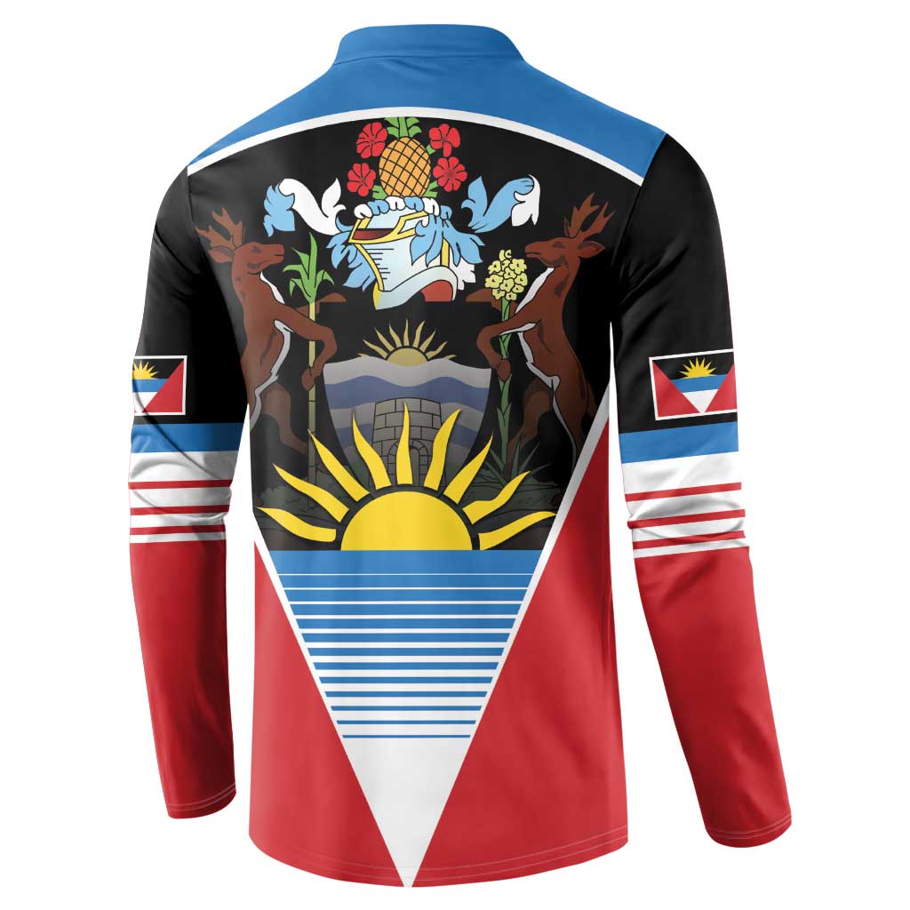Black, red and blue button sweatshirt with back crest, sun graphic and flag sleeve stripes