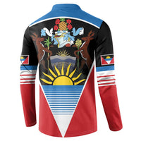 Black, red and blue button sweatshirt with back crest, sun graphic and flag sleeve stripes
