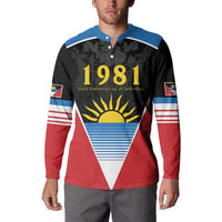 Men's button sweatshirt with 1981 front graphic, blue collar and striped flag sleeves