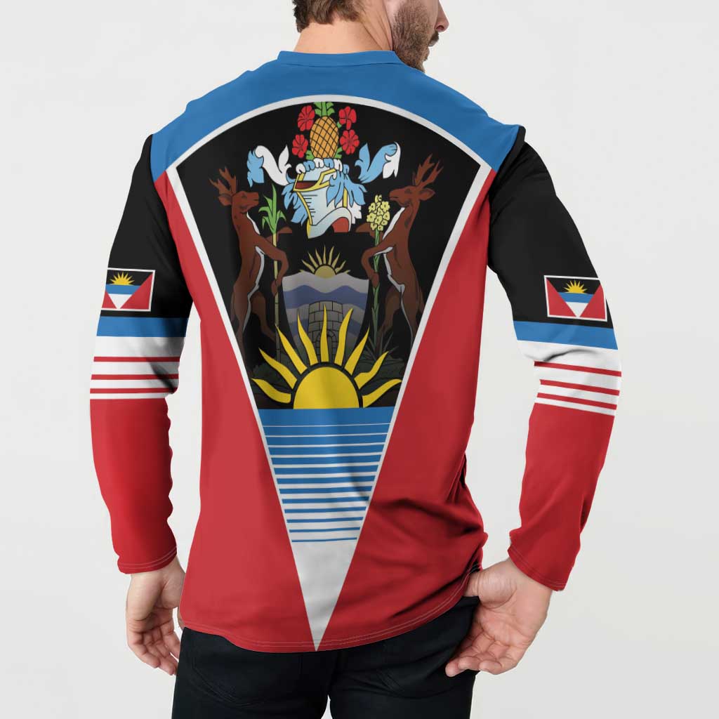 Men's button sweatshirt with back crest and sun stripe motif, red sides and flag sleeves