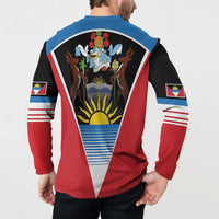 Men's button sweatshirt with back crest and sun stripe motif, red sides and flag sleeves