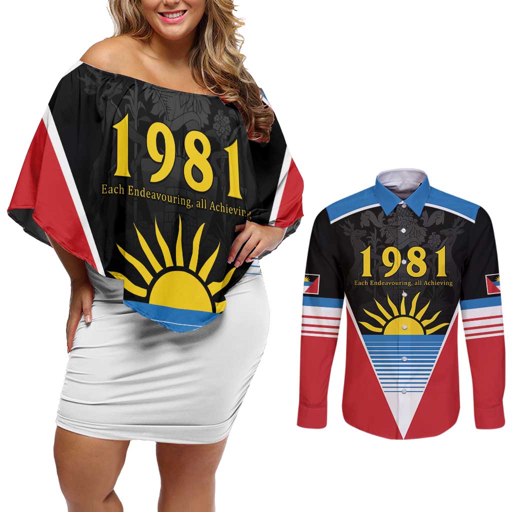 Antigua and Barbuda 1981 Couples Matching Off Shoulder Short Dress and Long Sleeve Button Shirt Each Endeavouring All Achieving LT9 - Wonder Print Shop