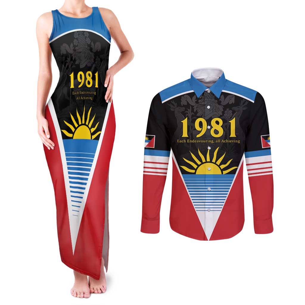 Antigua and Barbuda 1981 Couples Matching Tank Maxi Dress and Long Sleeve Button Shirt Each Endeavouring All Achieving LT9 - Wonder Print Shop