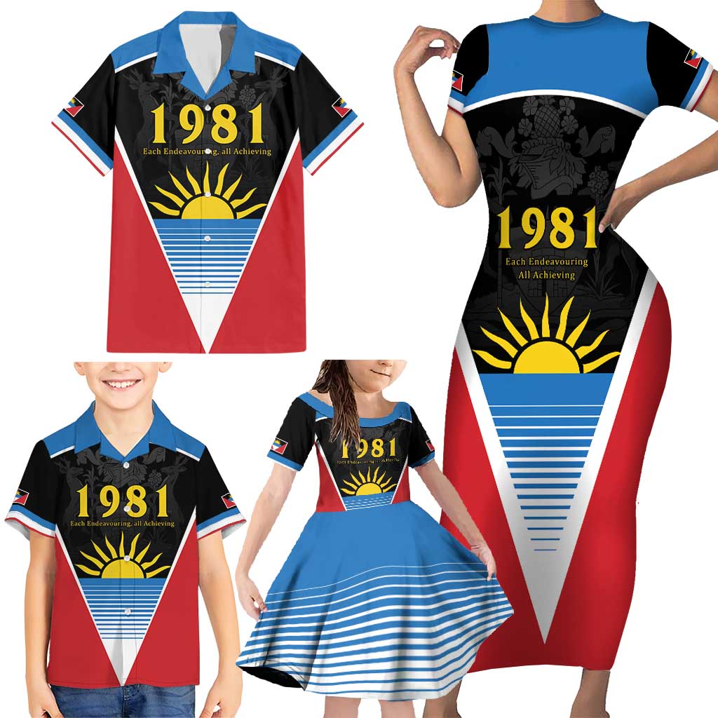 Antigua and Barbuda 1981 Family Matching Short Sleeve Bodycon Dress and Hawaiian Shirt Each Endeavouring All Achieving - Wonder Print Shop