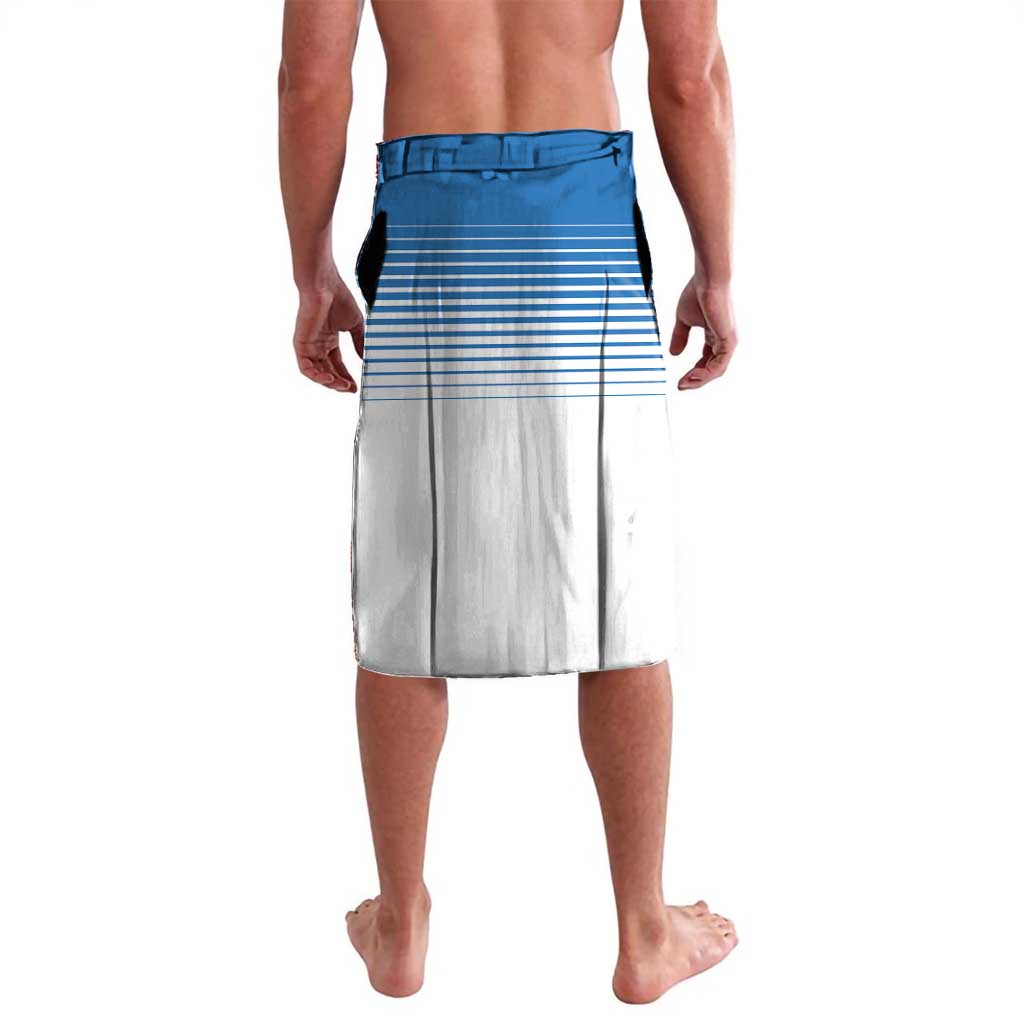 Flag-pattern lavalava wrap skirt with blue stripes and white gray back panel