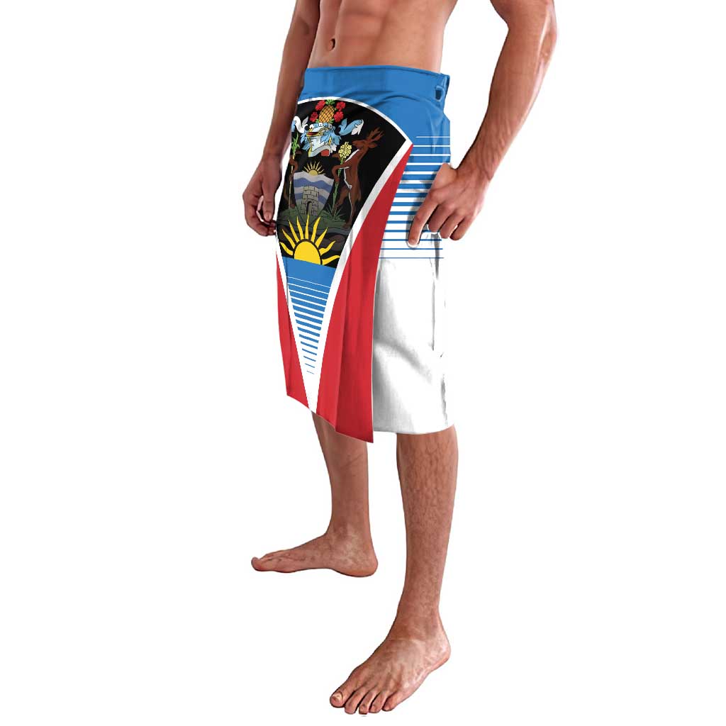 Flag-pattern lavalava wrap skirt, red white blue panels with crest on front