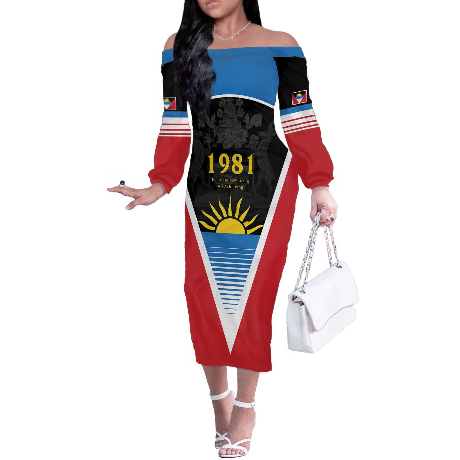 Antigua and Barbuda 1981 Off The Shoulder Long Sleeve Dress Each Endeavouring All Achieving - Wonder Print Shop