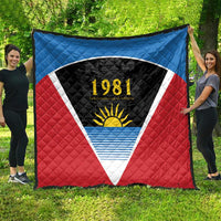 Antigua and Barbuda 1981 quilt, red and blue flag with black center and yellow sun emblem