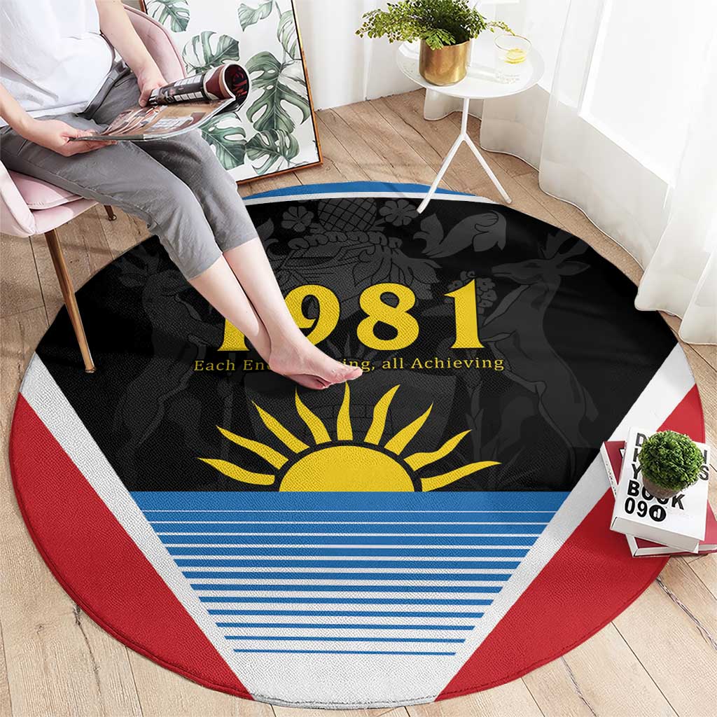 Red and white-trim round carpet with black '1981' graphic, yellow sun and blue stripes