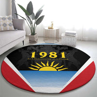 Round carpet rug with black '1981' center, yellow sun, blue horizontal stripes and red edge