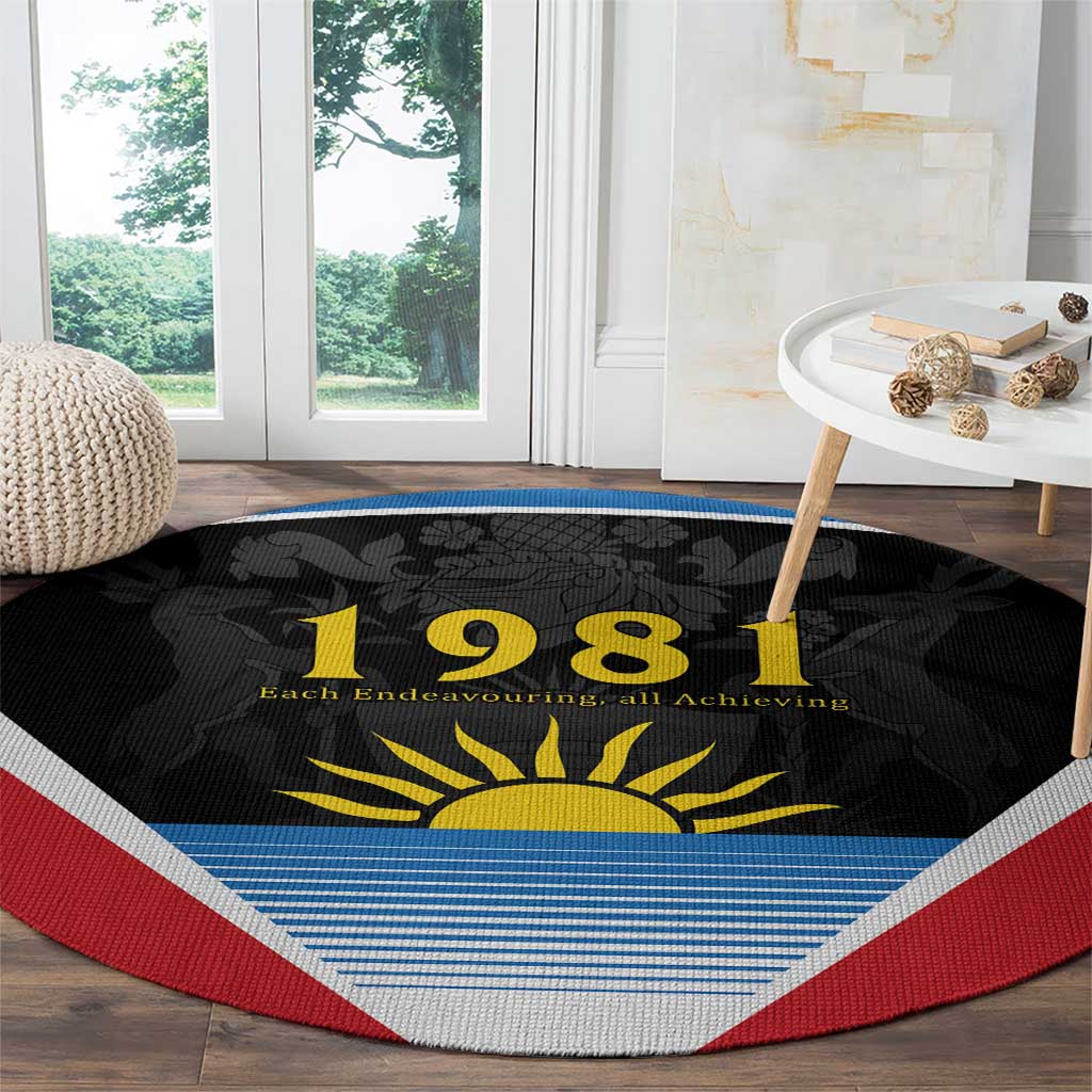Round carpet with black center showing '1981' and yellow sun, blue stripes, red border