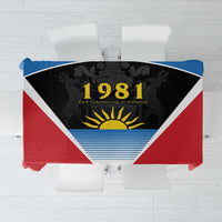 Red, blue, and black 1981 tablecloth with white V shape and gold sun emblem