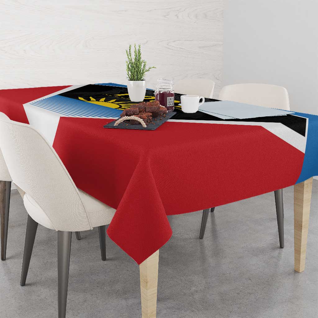 Red tablecloth draped on dining table with white V panel and blue stripe detail