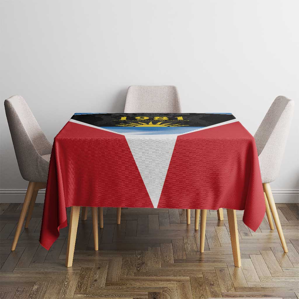 Red tablecloth with white V and blue stripe design on dining table with chairs