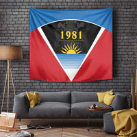 Red, blue and white 1981 tapestry flag with triangular emblem and sun graphic