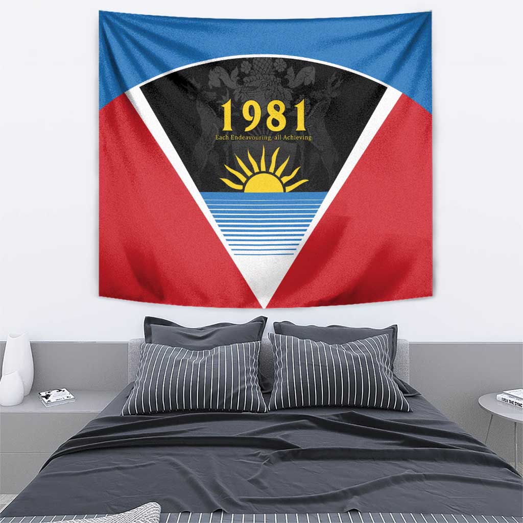 Hanging Antigua 1981 tapestry flag with red, blue and white triangle design