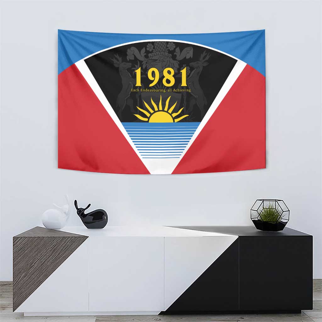 Red, blue and white 1981 tapestry flag featuring triangular emblem with sun and waves