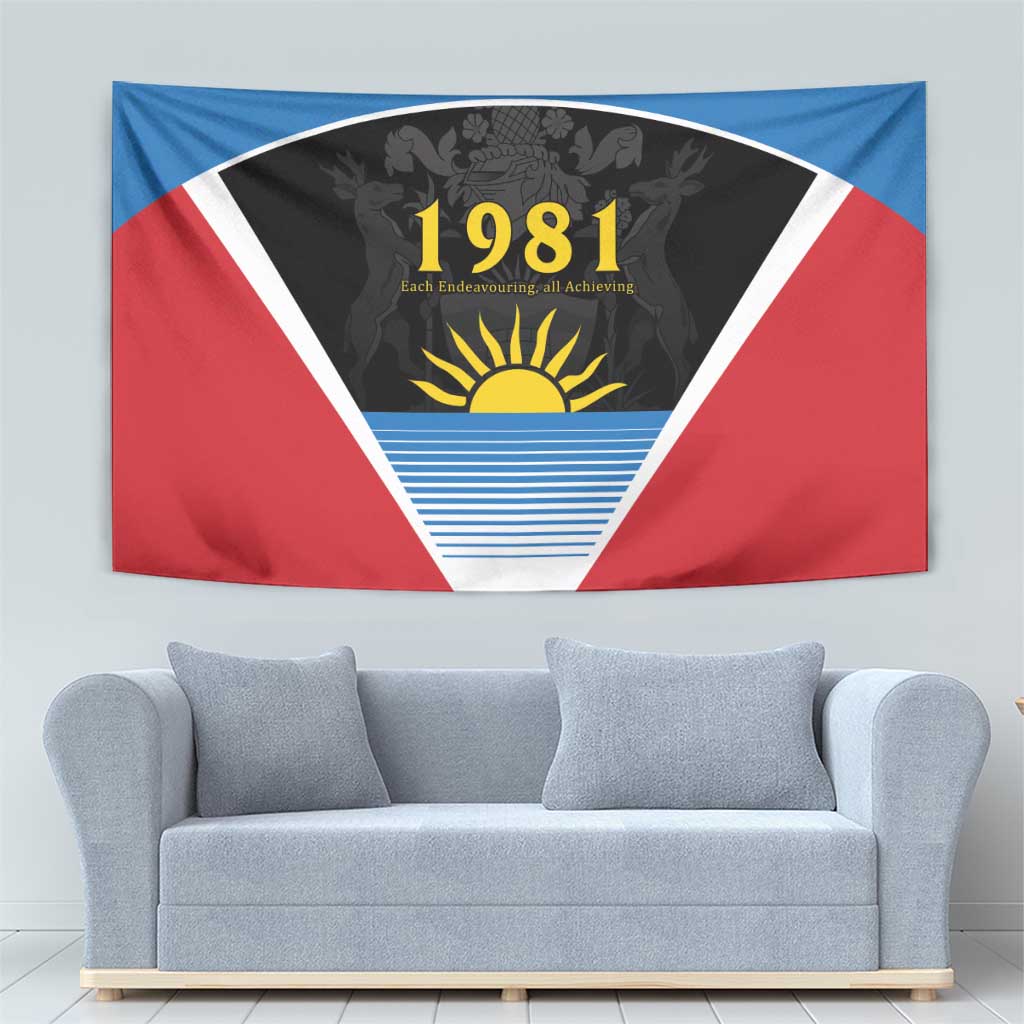 Wall-hanging 1981 tapestry flag in red, blue and white with sun and striped waves