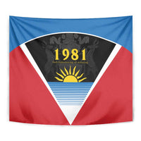 Close-up view of red, blue and white 1981 tapestry flag with triangular sun emblem