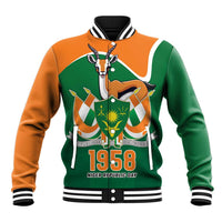 Unisex multicolor baseball jacket with front crest and '1958' print, ribbed collar
