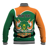 Unisex multicolor baseball jacket back with 'YOUR TEXT' crest and striped cuffs