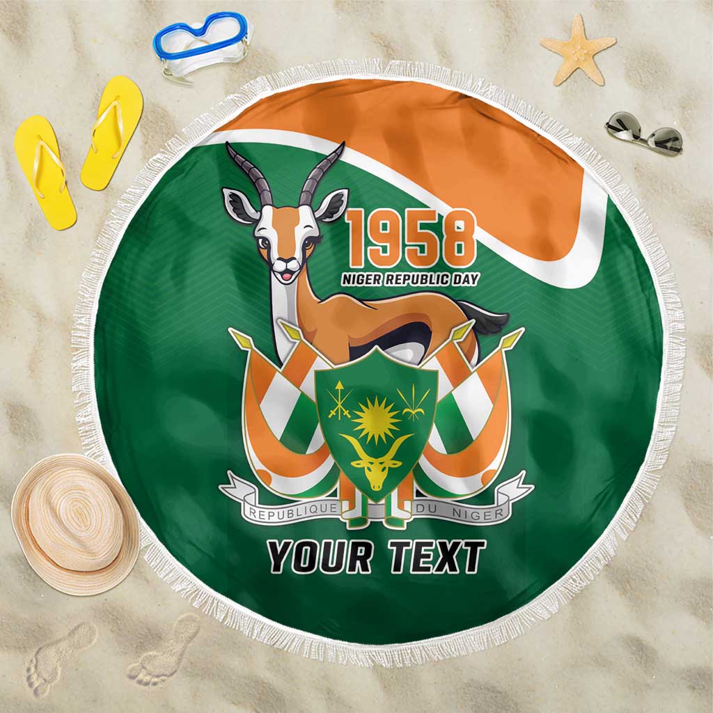 Personalized round beach blanket with green Niger Republic Day graphic and white fringe