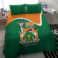 Green and orange personalized bedding set with emblem and kangaroo face graphic