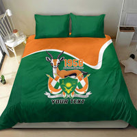 Green bedding set with orange band, 1958 emblem and personalized text on duvet