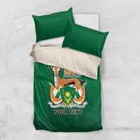Green bedding set with pillow covers showing 1958 emblem and personalized text