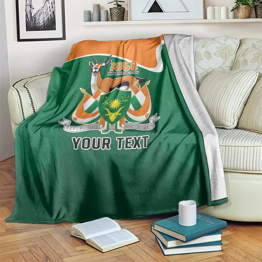 Personalized Niger Republic Day blanket, green with orange top border and crest