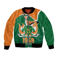 Orange and green color-block bomber jacket with front crest and 1958 graphic