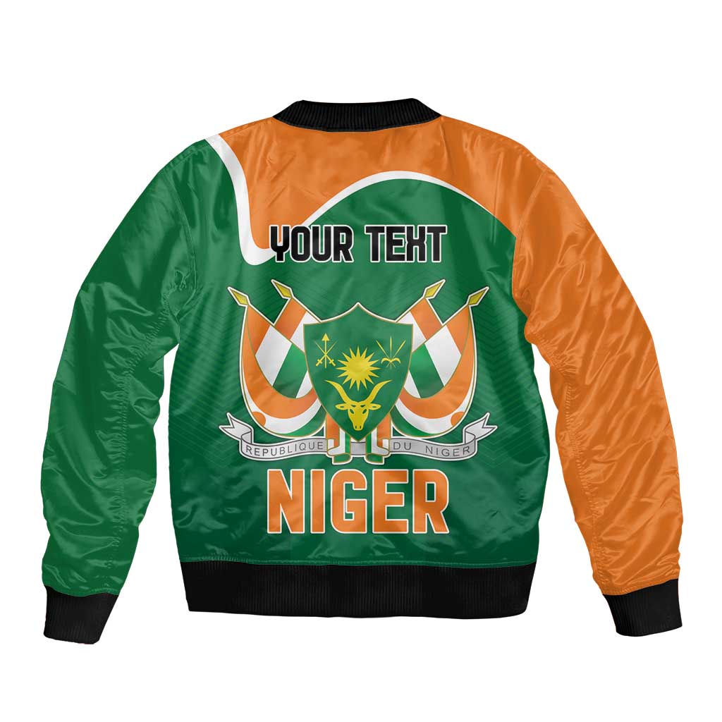 Back of orange and green bomber jacket with YOUR TEXT and NIGER print