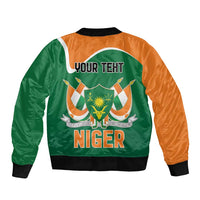Back of orange and green bomber jacket with YOUR TEXT and NIGER print